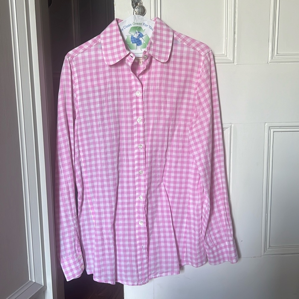 Pink and white check cotton button down blouse